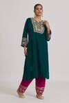 Shop_Rahul Singh_Blue Velvet Embroidery Split V-neck Kurta And Pyjama Set _at_Aza_Fashions