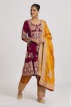 Buy_Rahul Singh_Red Velvet Embroidered Floral Round Anarkali Pyjama Set_at_Aza_Fashions