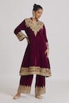 Buy_Rahul Singh_Wine Velvet Embroidery Collared A-line Kurta And Pyjama Set _at_Aza_Fashions