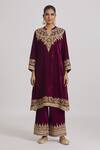 Buy_Rahul Singh_Wine Velvet Embroidery Collared A-line Kurta And Pyjama Set _Online_at_Aza_Fashions