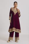 Shop_Rahul Singh_Wine Velvet Embroidery Collared A-line Kurta And Pyjama Set _at_Aza_Fashions