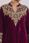 Shop_Rahul Singh_Wine Velvet Embroidery Collared A-line Kurta And Pyjama Set _Online_at_Aza_Fashions