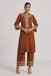 Buy_Rahul Singh_Brown Velvet Embroidered Floral Notched Band Yoke Kurta And Pyjama Set _at_Aza_Fashions