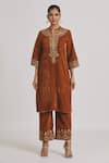 Buy_Rahul Singh_Brown Velvet Embroidered Floral Notched Band Yoke Kurta And Pyjama Set _Online_at_Aza_Fashions