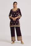 Buy_Rahul Singh_Wine Velvet Embroidery V-neck Kurta And Pyjama Set _at_Aza_Fashions