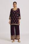 Buy_Rahul Singh_Wine Velvet Embroidery V-neck Kurta And Pyjama Set _Online_at_Aza_Fashions