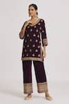 Shop_Rahul Singh_Wine Velvet Embroidery V-neck Kurta And Pyjama Set _at_Aza_Fashions