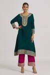 Buy_Rahul Singh_Blue Velvet Hand Embroidered Zari Work Round Neck A-line Kurta And Pyjama Set_at_Aza_Fashions