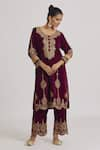 Buy_Rahul Singh_Maroon Velvet Hand Embroidered Zari And Gota Work Round Neck Kurta & Pyjama Set _at_Aza_Fashions