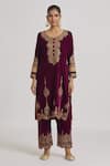 Buy_Rahul Singh_Maroon Velvet Hand Embroidered Zari And Gota Work Round Neck Kurta & Pyjama Set _Online_at_Aza_Fashions