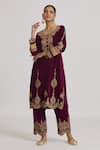 Shop_Rahul Singh_Maroon Velvet Hand Embroidered Zari And Gota Work Round Neck Kurta & Pyjama Set _at_Aza_Fashions