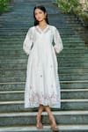 Buy_Mangalmay by Aastha_White Chanderi Silk Embroidered Floral Scalloped Neck Dress _at_Aza_Fashions