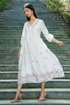 Shop_Mangalmay by Aastha_White Chanderi Silk Embroidered Floral Scalloped Neck Dress _at_Aza_Fashions