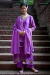 Mangalmay by Aastha_Purple Kurta  Chanderi Silk Embroidered Floral Notched Pant Set _Online_at_Aza_Fashions