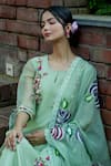 Shop_Mangalmay by Aastha_Green Kurta  Chanderi Silk Hand Embroidered Floral Round Pant Set _Online_at_Aza_Fashions