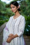 Shop_Mangalmay by Aastha_White Kurta  Chanderi Silk Embroidered Floral V Neck Hand Pant Set _Online_at_Aza_Fashions