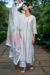 Mangalmay by Aastha_White Kurta  Chanderi Silk Embroidered Floral V Neck Hand Pant Set _at_Aza_Fashions
