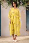 Buy_Arcvsh By Pallavi Singh_Yellow Cotton Embroidery V-neck Dahlia Print Kaftan With Belt _at_Aza_Fashions