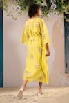 Shop_Arcvsh By Pallavi Singh_Yellow Cotton Embroidery V-neck Dahlia Print Kaftan With Belt _at_Aza_Fashions
