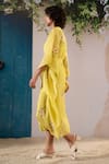 Arcvsh By Pallavi Singh_Yellow Cotton Embroidery V-neck Dahlia Print Kaftan With Belt _Online_at_Aza_Fashions