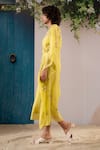 Buy_Arcvsh By Pallavi Singh_Yellow Cotton Embroidery V-neck Dahlia Print Kaftan With Belt _Online_at_Aza_Fashions