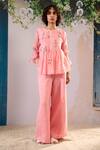 Buy_Arcvsh By Pallavi Singh_Pink Linen Embroidery Round Neck Chanderi Dahlia Print Top With Pant _at_Aza_Fashions