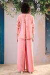 Shop_Arcvsh By Pallavi Singh_Pink Linen Embroidery Round Neck Chanderi Dahlia Print Top With Pant _at_Aza_Fashions