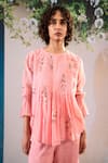Buy_Arcvsh By Pallavi Singh_Pink Linen Embroidery Round Neck Chanderi Dahlia Print Top With Pant _Online_at_Aza_Fashions