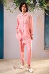 Buy_Arcvsh By Pallavi Singh_Pink Cotton, Silk, Chanderi Embroidery Shawl Neck Dahlia Print Shirt With Pant _Online_at_Aza_Fashions