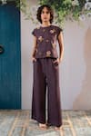Buy_Arcvsh By Pallavi Singh_Purple Linen Embroidery Round Neck Floral Top And Pant Set _at_Aza_Fashions