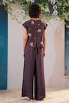 Shop_Arcvsh By Pallavi Singh_Purple Linen Embroidery Round Neck Floral Top And Pant Set _at_Aza_Fashions