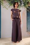 Buy_Arcvsh By Pallavi Singh_Purple Linen Embroidery Round Neck Floral Top And Pant Set _Online_at_Aza_Fashions