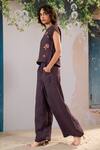 Shop_Arcvsh By Pallavi Singh_Purple Linen Embroidery Round Neck Floral Top And Pant Set _Online_at_Aza_Fashions