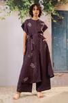Buy_Arcvsh By Pallavi Singh_Purple Linen Embroidery Mandarin Collar Dahlia Print Long Top With Pant _at_Aza_Fashions