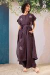Arcvsh By Pallavi Singh_Purple Linen Embroidery Mandarin Collar Dahlia Print Long Top With Pant _Online_at_Aza_Fashions