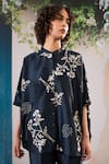 Arcvsh By Pallavi Singh_Blue Silk, Chanderi Embroidery Collared Floral Print Kaftan Top With Pant _Online_at_Aza_Fashions