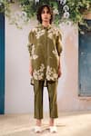 Buy_Arcvsh By Pallavi Singh_Green Cotton, Silk, Chanderi Floral Blossom Print Oversize Shirt With Pant _Online_at_Aza_Fashions