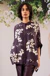 Arcvsh By Pallavi Singh_Purple Silk Embroidery Mandarin Collar Blossom Print Kaftan Top With Pant _at_Aza_Fashions