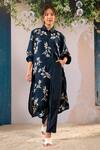 Buy_Arcvsh By Pallavi Singh_Blue Silk Embroidery Shawl Neck Floral Sprig Long Shirt Top With Pant _at_Aza_Fashions