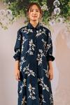 Shop_Arcvsh By Pallavi Singh_Blue Silk Embroidery Shawl Neck Floral Sprig Long Shirt Top With Pant _Online_at_Aza_Fashions