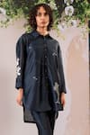 Buy_Arcvsh by Pallavi Singh_Blue Silk Chanderi Block Print Floral Shirt Collar Blossom Oversize With Pant 