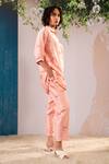Arcvsh By Pallavi Singh_Pink , Chanderi Shawl Neck Rosette Print Shirt With Pant _Online_at_Aza_Fashions
