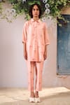 Buy_Arcvsh By Pallavi Singh_Pink , Chanderi Shawl Neck Rosette Print Shirt With Pant _Online_at_Aza_Fashions