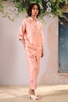 Buy_Arcvsh By Pallavi Singh_Pink , Chanderi Shawl Neck Rosette Print Shirt With Pant _at_Aza_Fashions