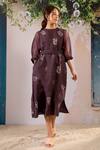 Buy_Arcvsh By Pallavi Singh_Purple Linen Embroidery Round Neck Floral Print Midi Dress With Belt _at_Aza_Fashions