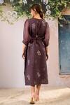 Shop_Arcvsh By Pallavi Singh_Purple Linen Embroidery Round Neck Floral Print Midi Dress With Belt _at_Aza_Fashions