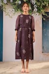 Arcvsh By Pallavi Singh_Purple Linen Embroidery Round Neck Floral Print Midi Dress With Belt _Online_at_Aza_Fashions
