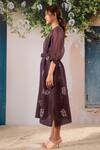 Shop_Arcvsh By Pallavi Singh_Purple Linen Embroidery Round Neck Floral Print Midi Dress With Belt _Online_at_Aza_Fashions