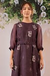 Arcvsh By Pallavi Singh_Purple Linen Embroidery Round Neck Floral Print Midi Dress With Belt _at_Aza_Fashions