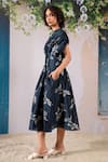 Arcvsh By Pallavi Singh_Blue Silk, Chanderi Embroidery Round Neck Box Pleat Midi Dress _at_Aza_Fashions